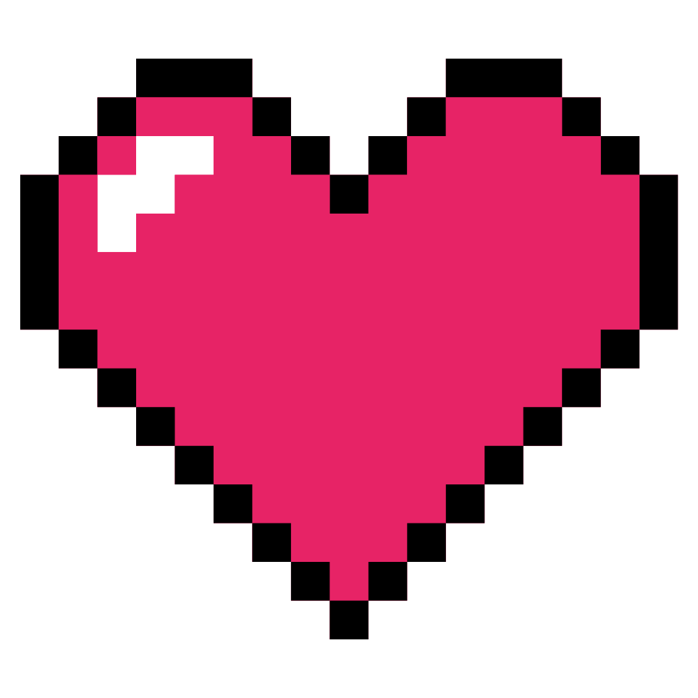 Pixelated pink heart with black border on a white background