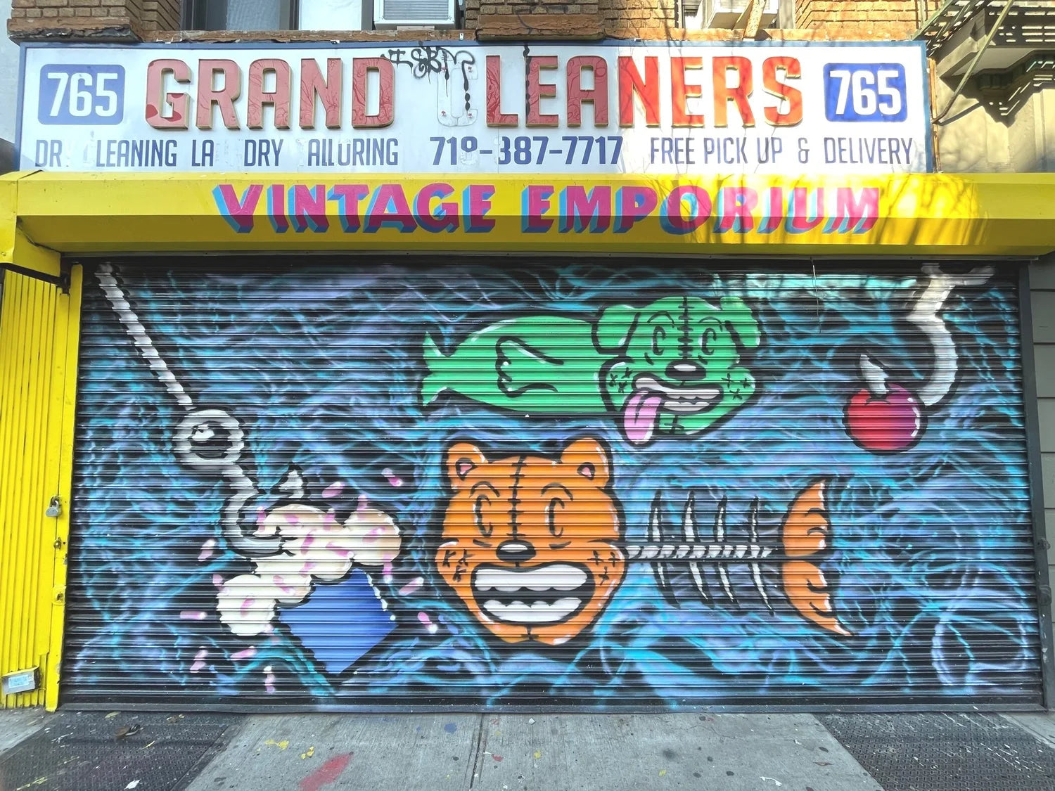  storefront with colorful mural on a closed shutter, featuring a bear and fish illustration.