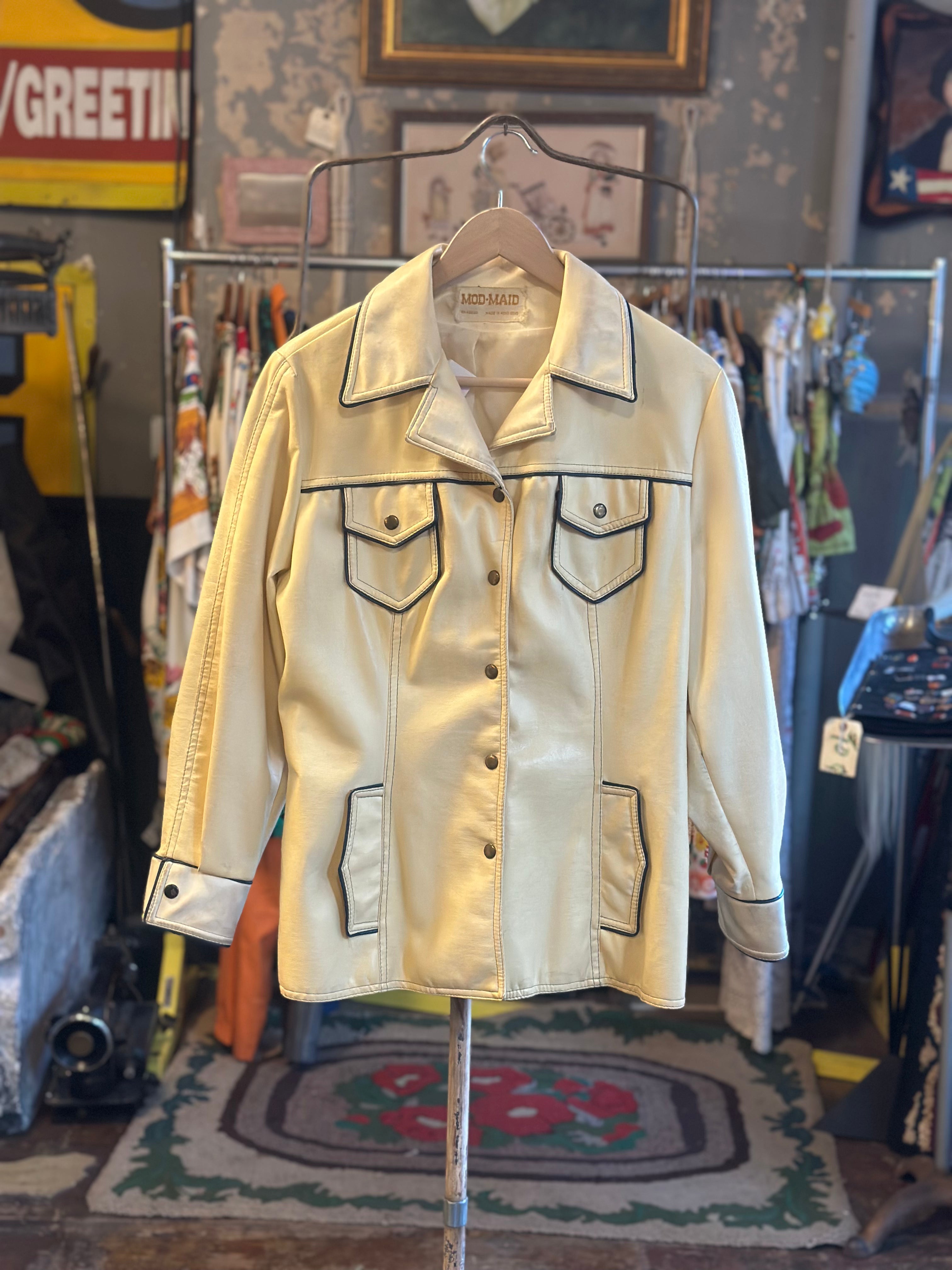 Mod-Maid Vintage Mod Pleather Western Jacket, Cream, Large Grand Leaners