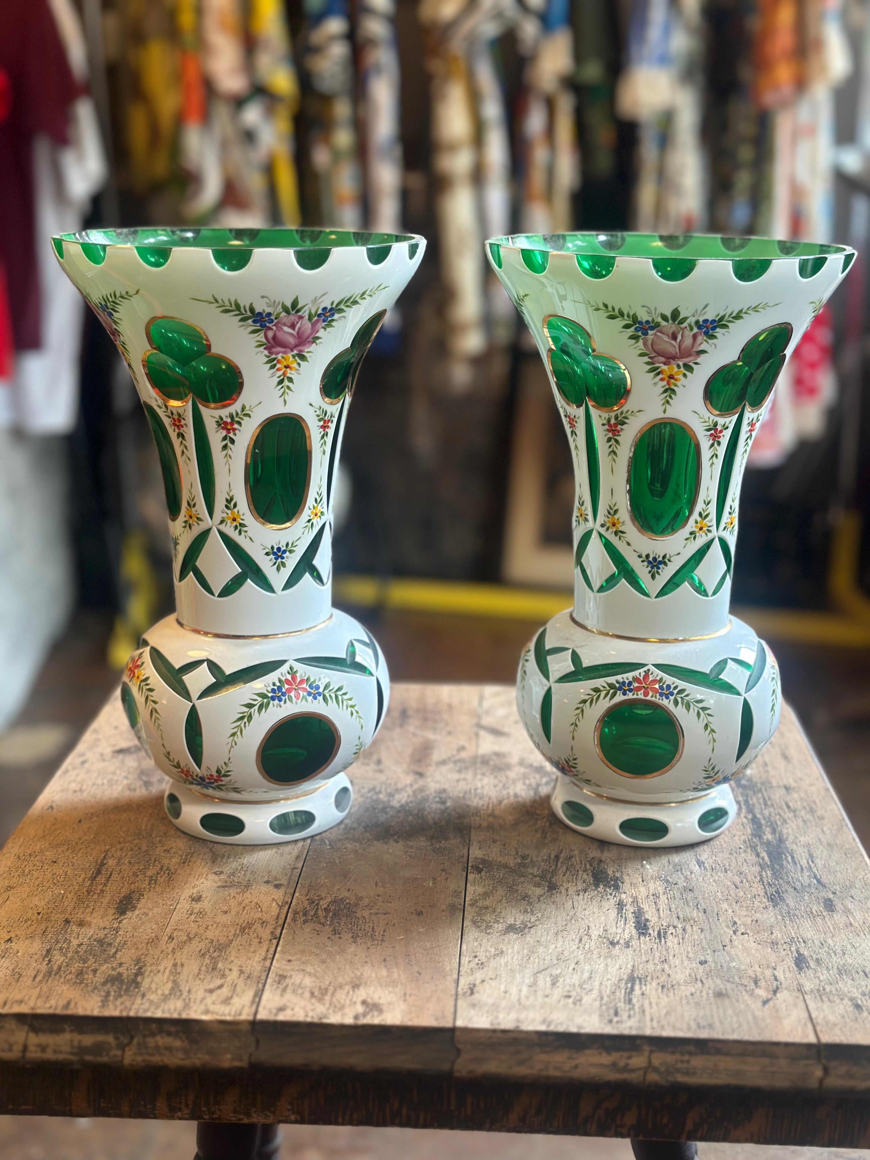 Pair of Bohemian Cut Glass Vases Grand Leaners