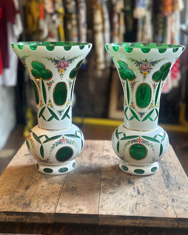 Pair of Bohemian Cut Glass Vases Grand Leaners