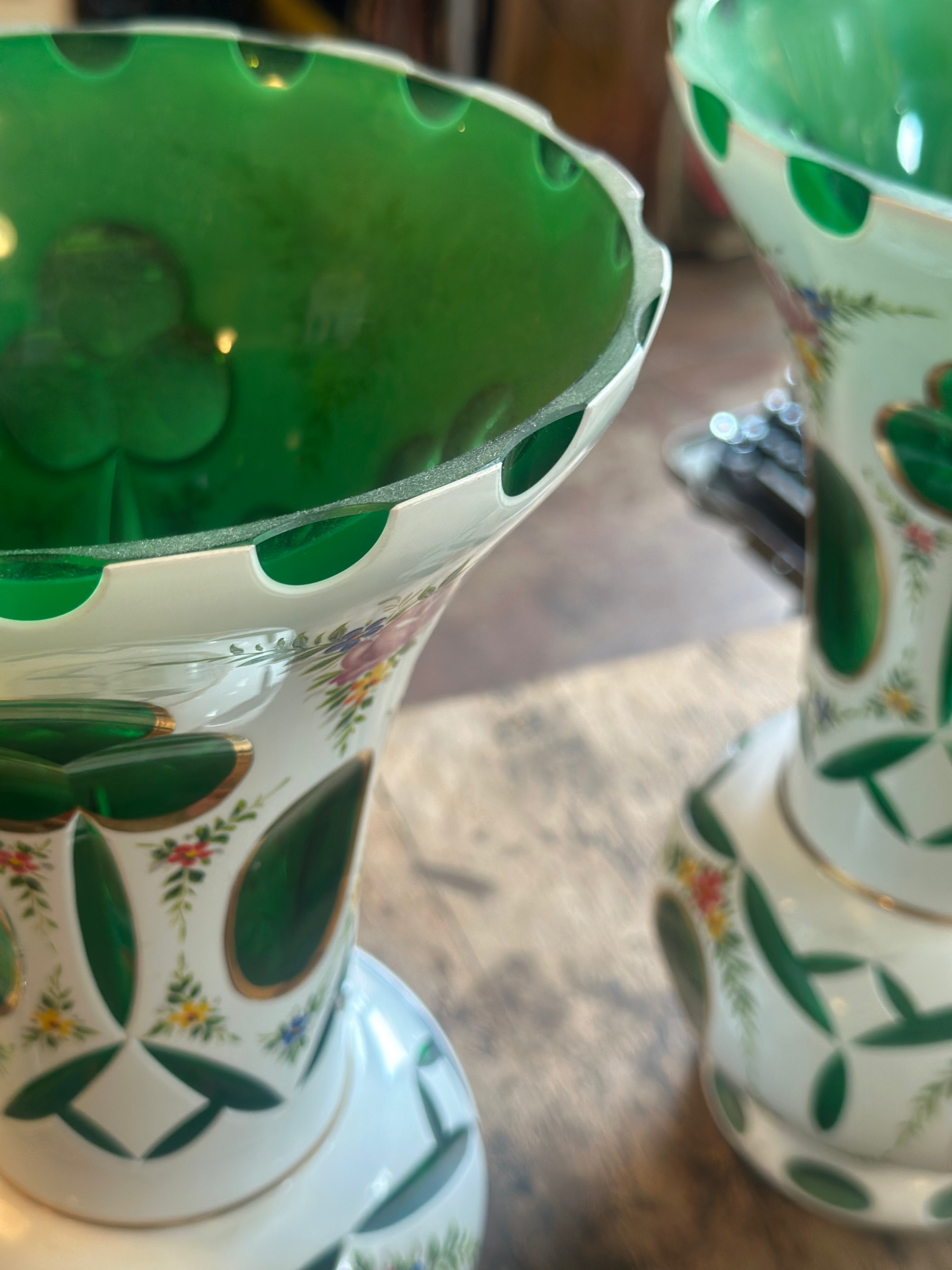 Pair of Bohemian Cut Glass Vases Grand Leaners