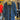 Blue denim jacket with brown buttons on a hanger in a clothing store.
