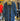 Blue denim jacket with brown buttons on a hanger in a clothing store.