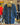 Blue denim jacket with brown buttons on a hanger in a clothing store.
