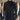 Black coat hanging on a rack with other clothing in the background