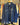 Blue denim jacket with embroidered text on a hanger against a clothing rack background