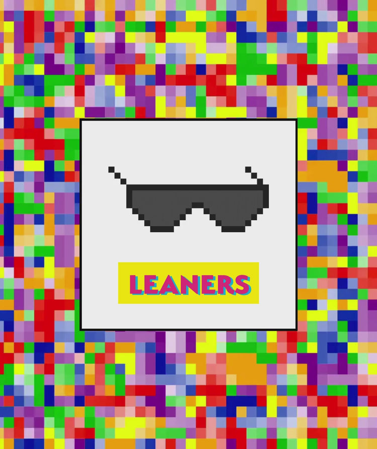 Pixelated rainbow background with a white box overlay that has an 8-bit sunglasses emoji bouncing up and down and "Leaners" text button below it
