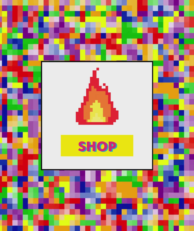 Pixelated rainbow background with a white box overlay that has an 8-bit fire gif and down and "Shop" text button below it