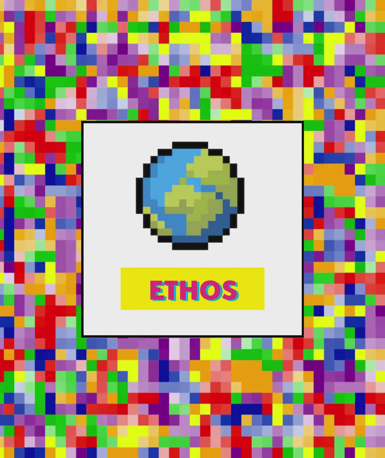 Pixelated rainbow background with a white box overlay that has an 8-bit earth emoji rotating and "Ethos" text button below it